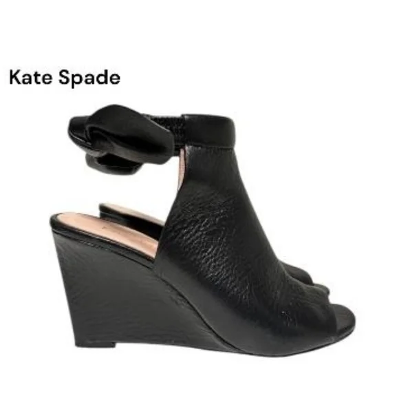 Kate Spade Bow Leather Open Peep Toe High Heel Wedge Dress Sandal Black Women 10 - Picture 2 of 13